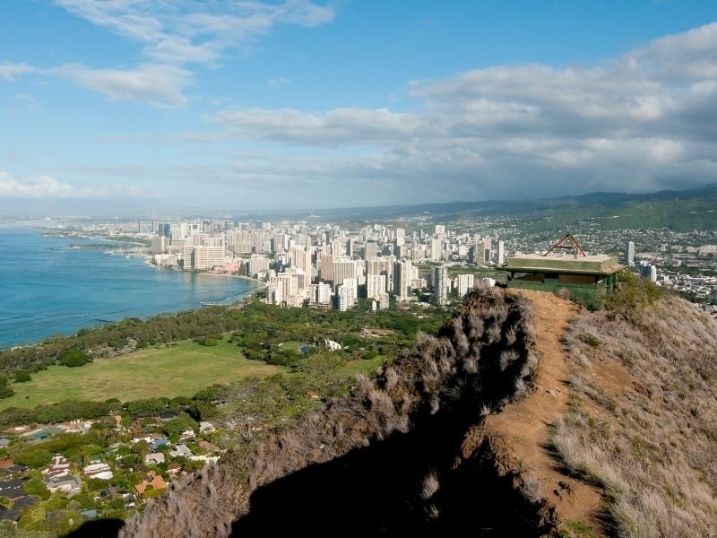 view from the summit of diamond head over the skyline of waikiki and the water of oahu
