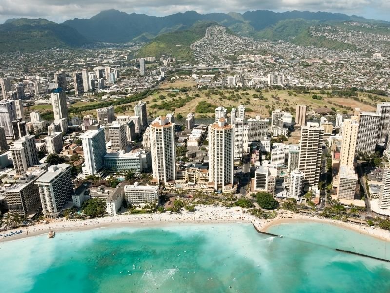 view of oahu from above in a helicopter