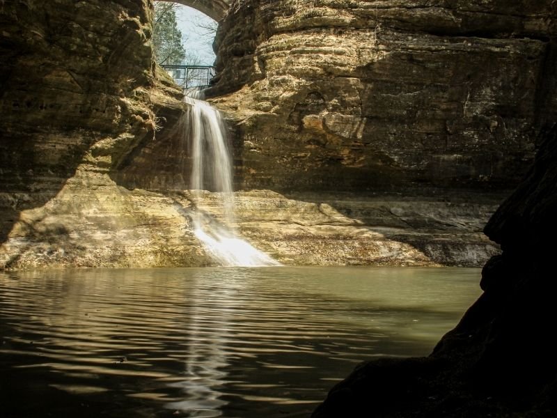 a waterfall just outside of oglesby illinois with a viewing platform visible