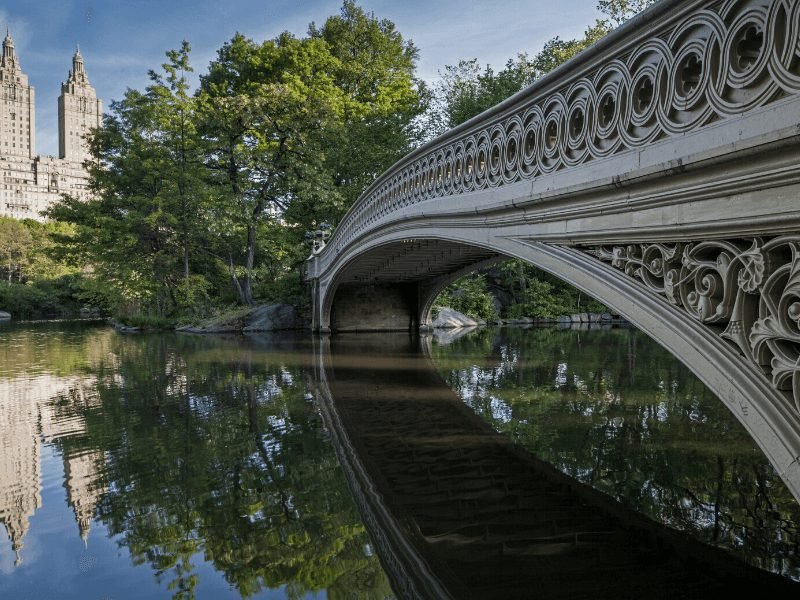 the bow bridge at central park with famous buildings in the background