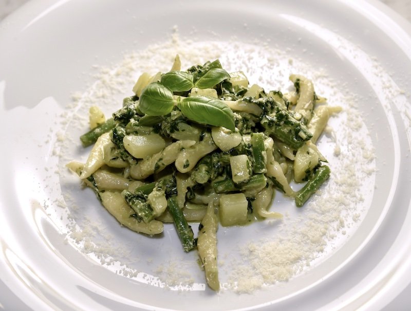 trofie pasta a very famous pasta in liguria and the cinque terre made with handmare pasta and pesto