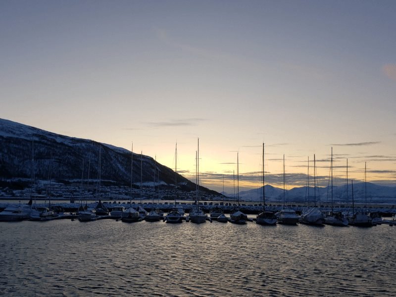 sunrise in the harbor in tromso of lots of small sailboats