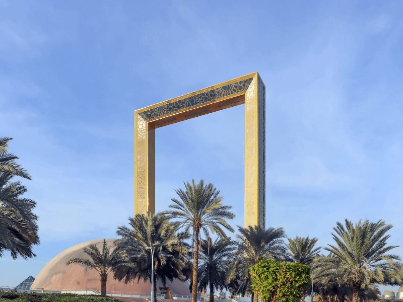 the famous 'frame' of dubai that shows a view of old dubai on one side and new dubai on the other