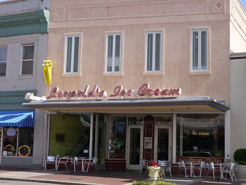 pink building with sign that reads leopolds ice cream