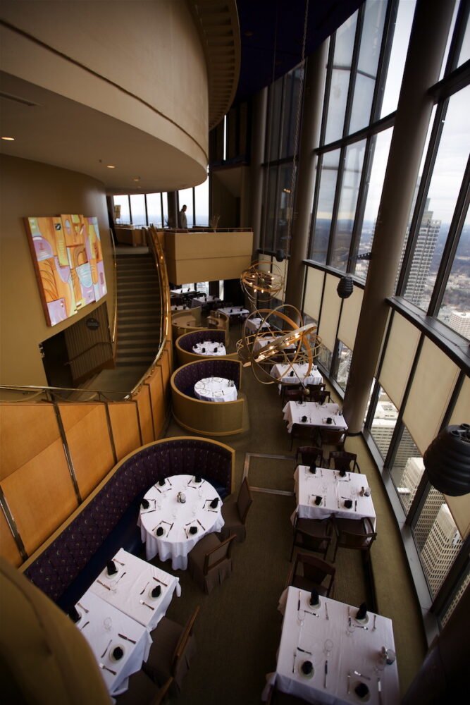 the interior of the revolving restaurant at the westin on the 73rd floor