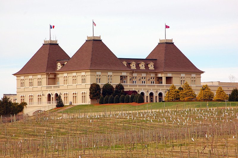 beautiful chateau in the French style with winery in springtime in front of the chateau on a popular weekend getaway from Atlanta 