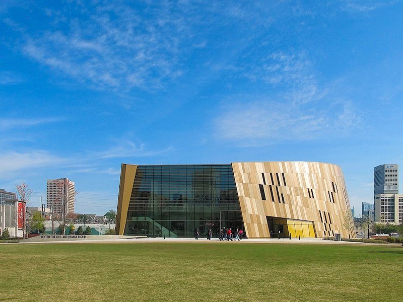 view of the exterior of the interesting architecture of the national center for civil and human rights