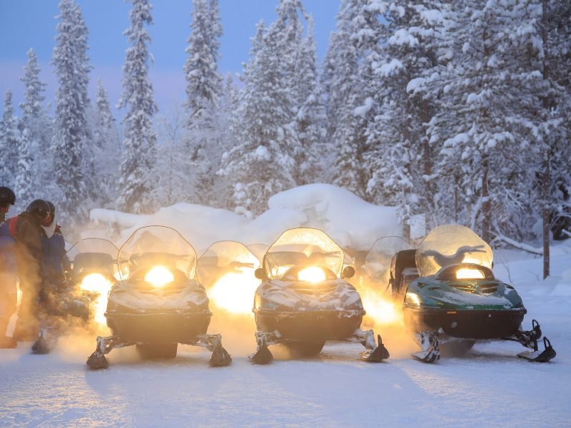 trees covered in snow with several snowmobiles lined up ready to be ridden in rovaniemi in winter