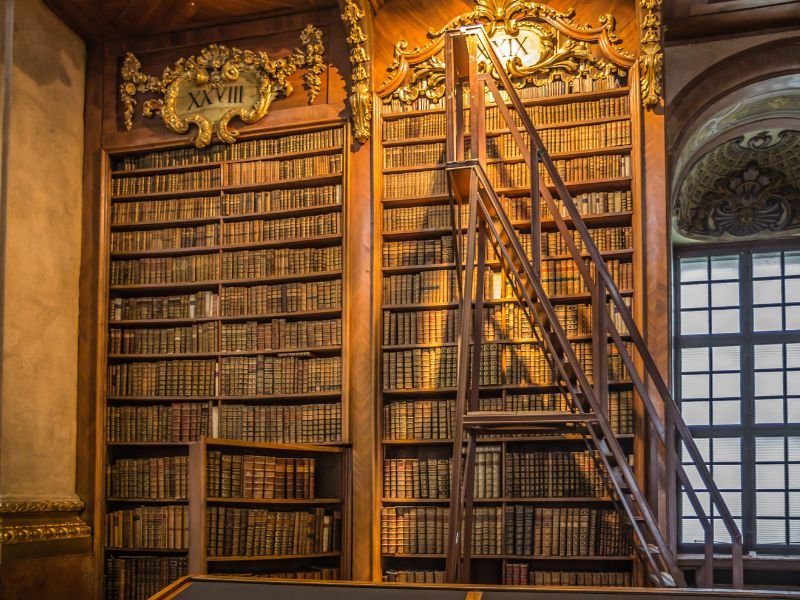 two stacks of books and a ladder inside the vienna library