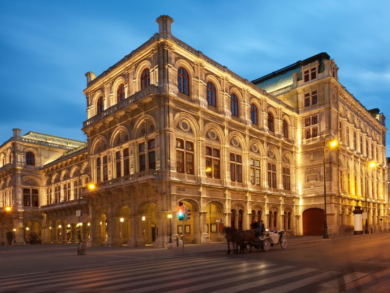 the exterior of the vienna opera house all lit up at night