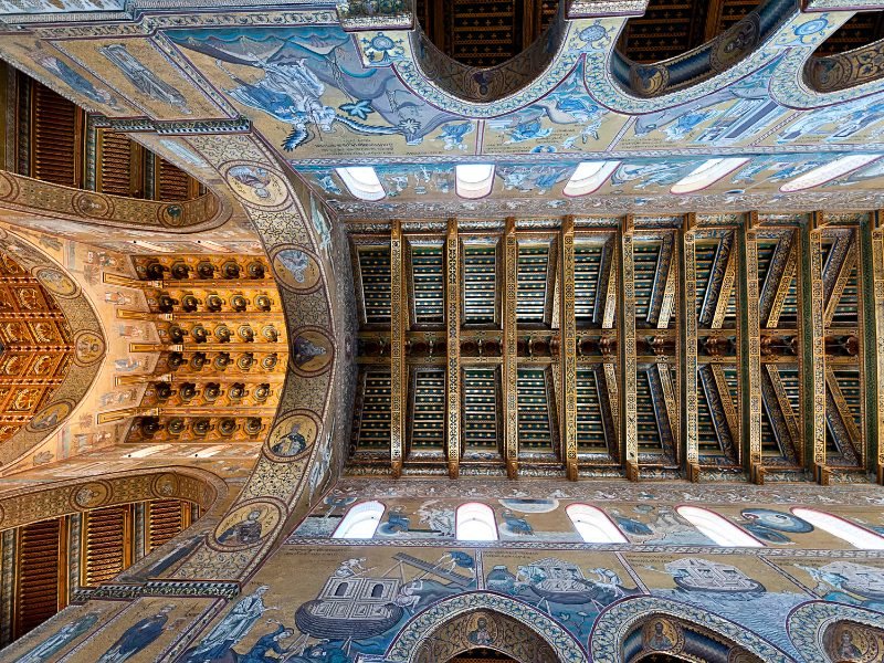 very detailed ceiling of the monreale cathedral in the arab norman style