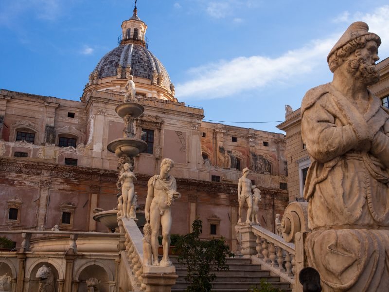 statues and staircase and cupola in downtown palermo's historic city center