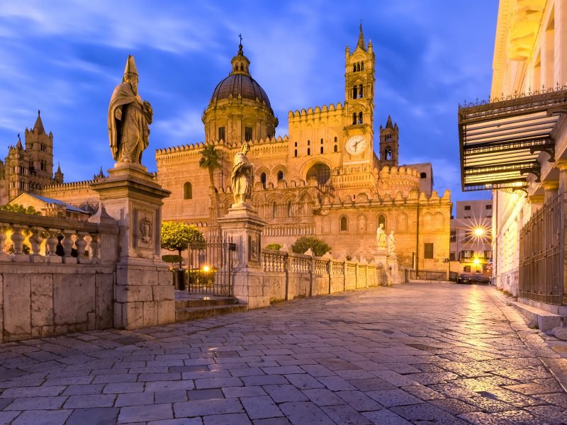 palermo cathedral at night in sicily italy