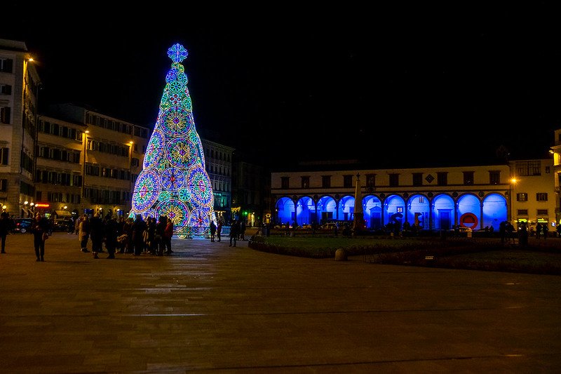 kaleidoscope-style lit up christmas tree in a piazza in florence in winter