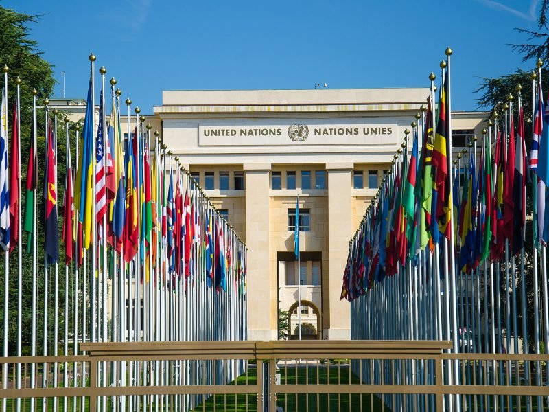 Genevas flags in the city center's palace of nations