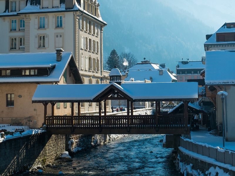 winter in the French village of Chamonix in the alps near Mont Blanc