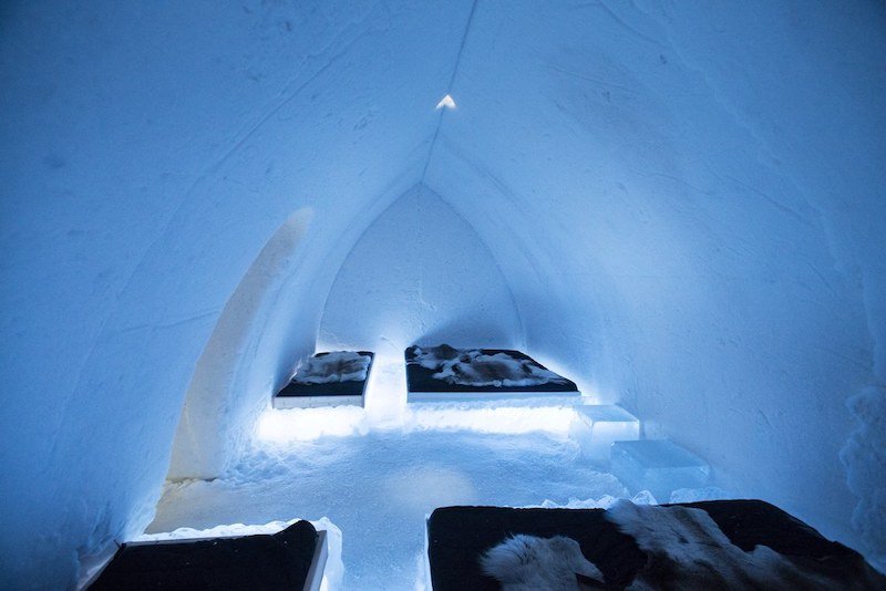 Interior of the Snowhotel in Finland with beds