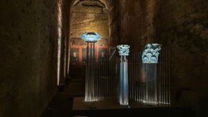 Colonnades in the courtyard with dark lighting in the Domus Aurea archaeological site