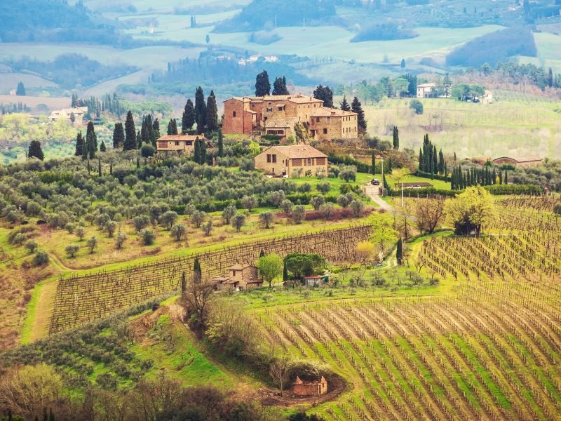 scenery of a Tuscan hill town outside of san Gimignano as well as wineries and vineyards