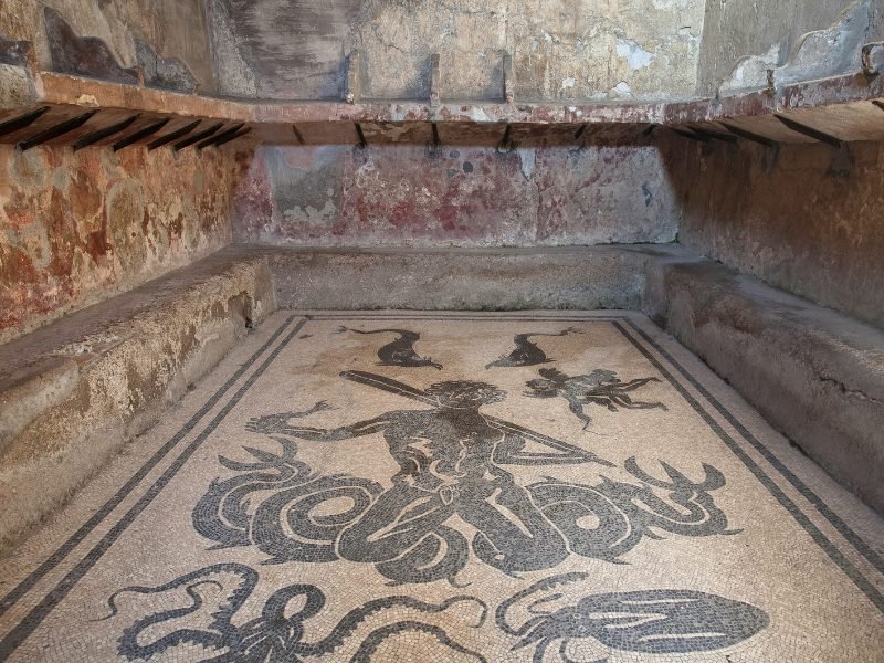 A detailed sea-themed mosaic on the floor in the baththouse