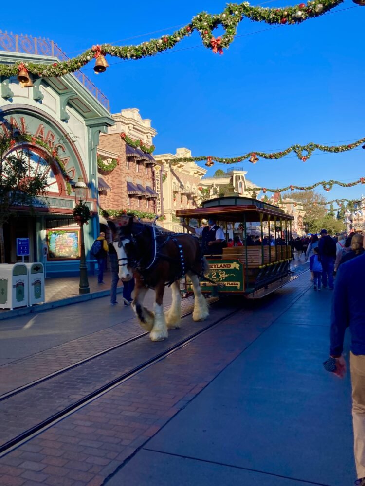 A large Clydesdale horse (brown and white) going through the street of downtown Disneyland, leading a trolley, with Christmas decorations all around