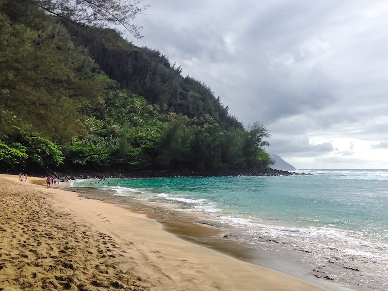 Beach in Kauai in December with people enjoying the warm weather