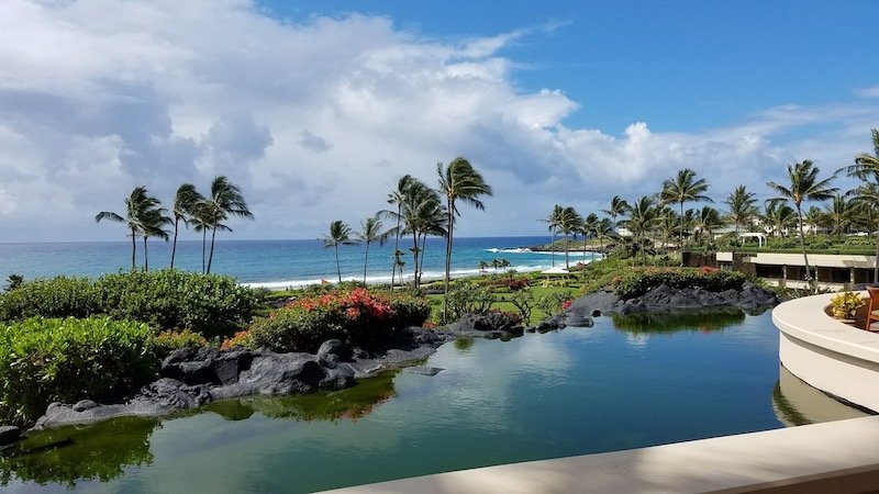 The lagoon and beautiful landscaping of Grand Hyatt Kauai with palm trees and hotel grounds