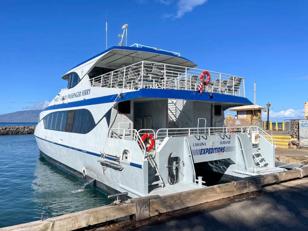 The Maui to Lanai ferry before people have boarded which is a great way to spot whales in Maui!