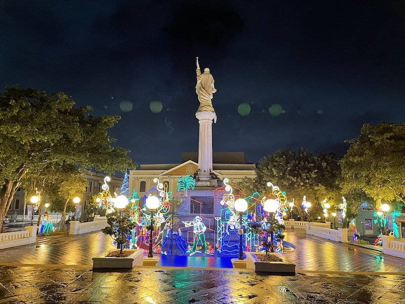 Lit up Christmas decorations in Plaza Colon, a central location in Puerto Rico where people enjoy gathering. You can see this festive light display if you visit San Juan in December.