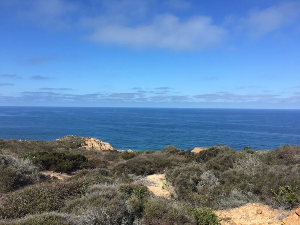 view of sunny san diego coastline with a view of the ocean, cliffside trail