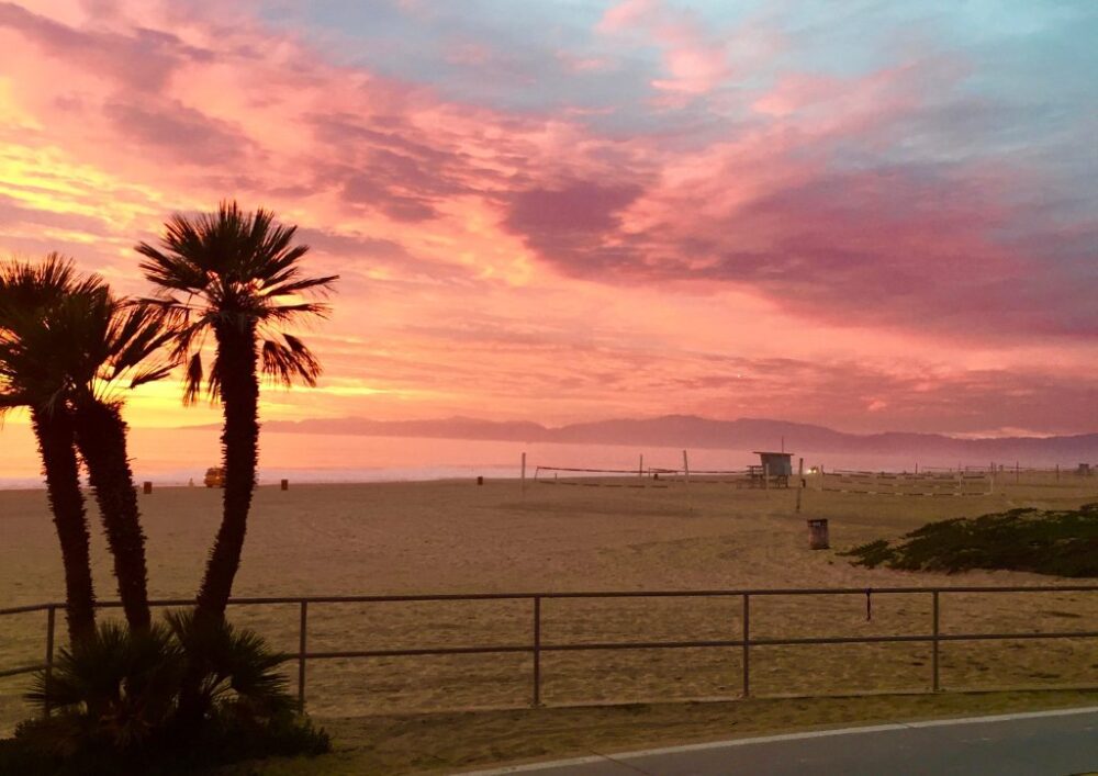 The sun setting over one of the beaches of the South Bay Los Angeles area with palm trees and brilliant pink, yellow and blue sky with clouds