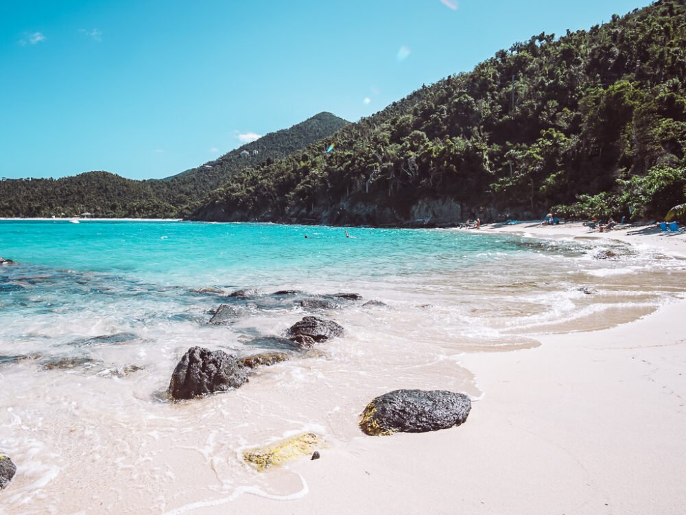 Idyllic turquoise blue water and white sand with mountainous landscape on the US Virgin Islands in the winter