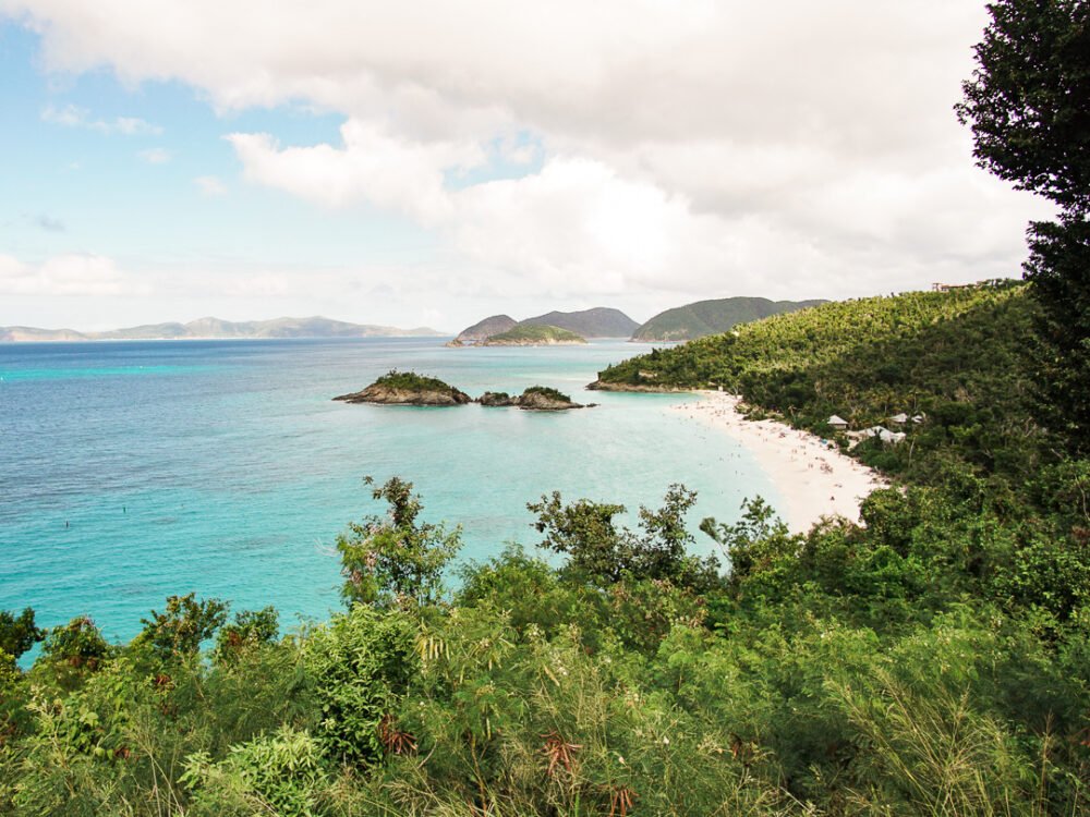 View of beaches in the distance from a vantage point on a hiking trail in the virgin islands national park in the USA