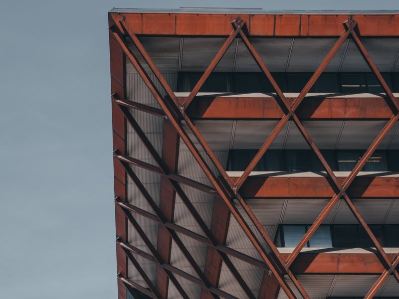 A portion of the quirky bronze-copper architecture of the Slovak Radio Building in downtown Bratislava, a Brutalist architecture piece.