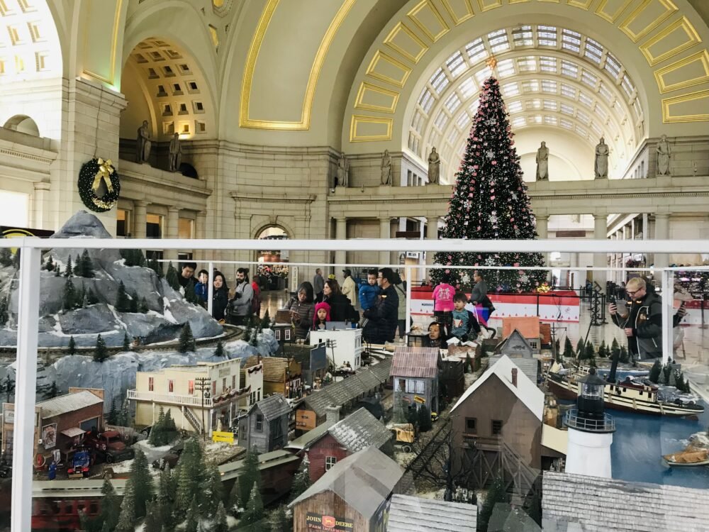 Christmas display and Christmas tree in Union Square Terminal in Washington DC in December