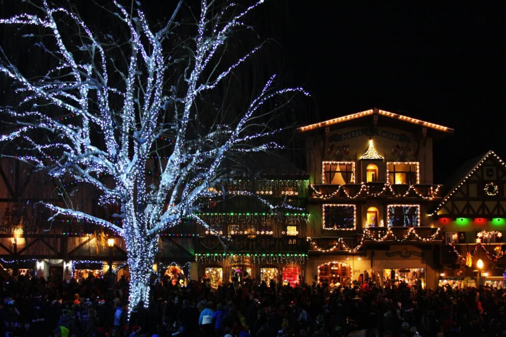 tree lit up with white lights that resemble snow and the bavarian style architecture also lit up with orange, red, and green christmas lights, and a large crowd out after dark enjoying the lights