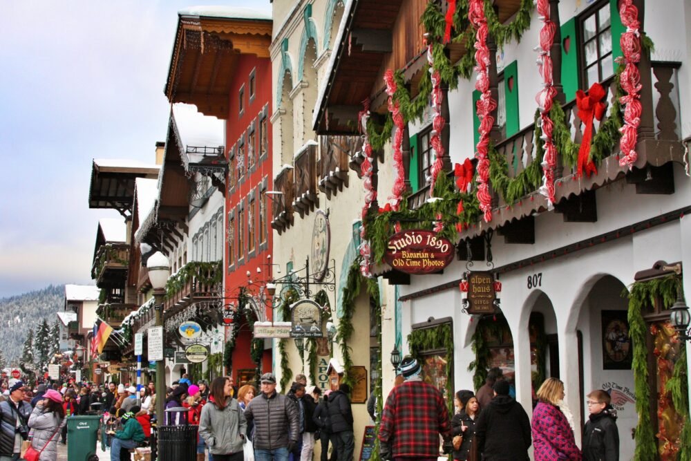 Many people gathering in the bavarian styled washington town of leavenworth in december