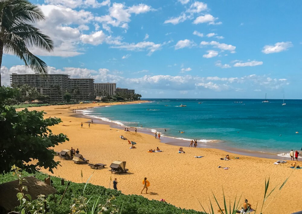 Dark orange sand and blue waters and palm trees with people enjoying the beach on a sunny day in Maui, a perfect warm weather getaway in the USA in January