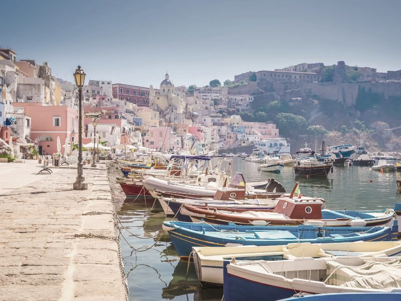 The boats in the port on Procida, a colorful island near Capri in Italy