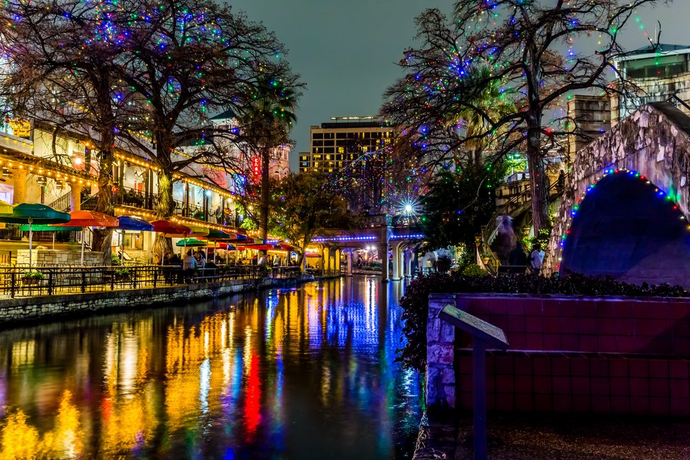 The colorful lit up riverwalk at night in san antonio in december