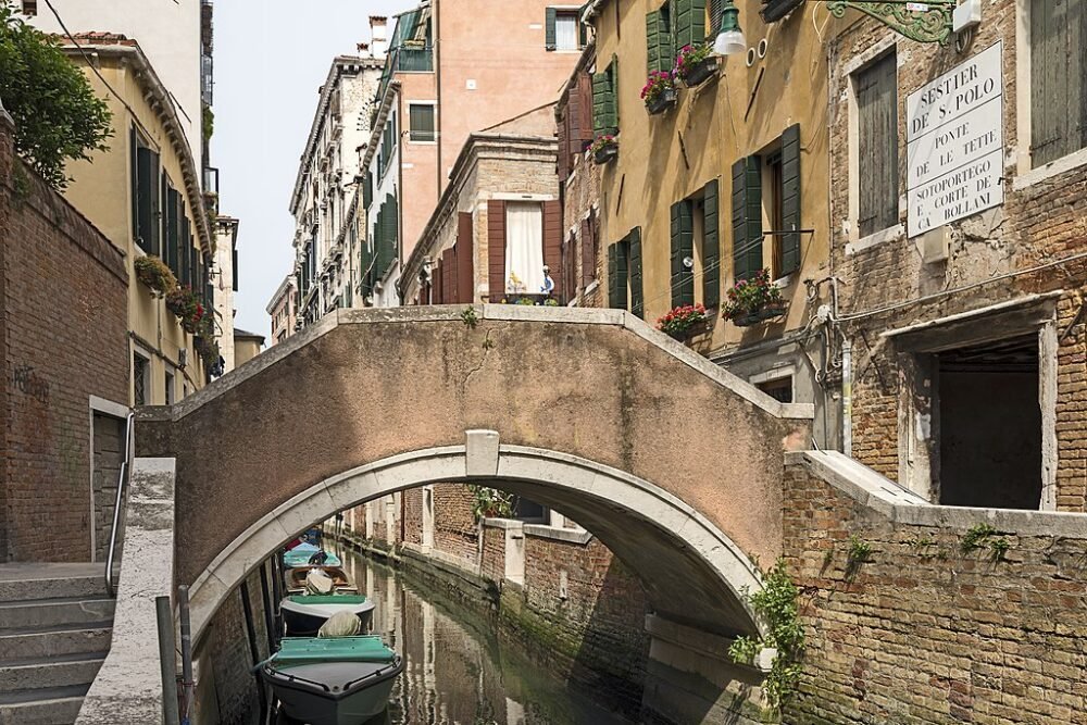 Small bridge connecting the canal in Venice with flowerboxes and bricks