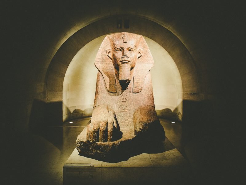 The sphinx statue in one of the lesser-visited sections of the Louvre