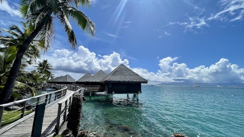 View of overwater bungalows in Tahiti