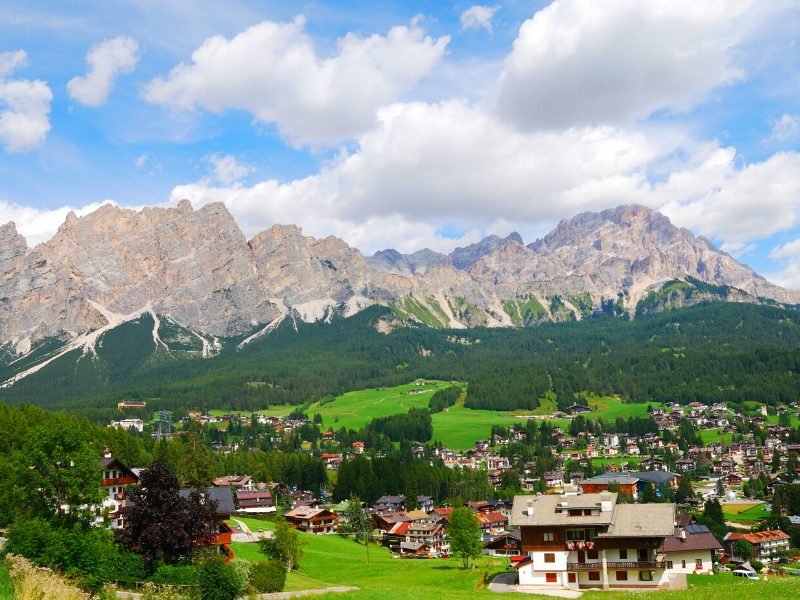 The ressort town of Cortina D'Ampezo and its ski resorts, hotels, small houses, etc.