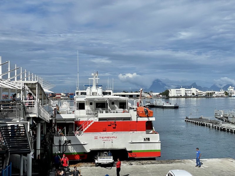 The red and white smaller ferry to Moorea, Terevau company