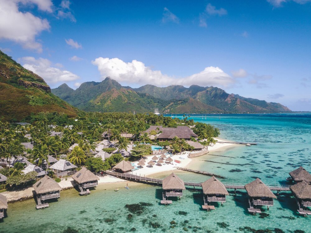 Aerial view of the overwater bungalows of Moorea 