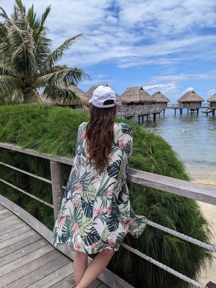 Allison at the overwater bungalows of Manava Beach Resort