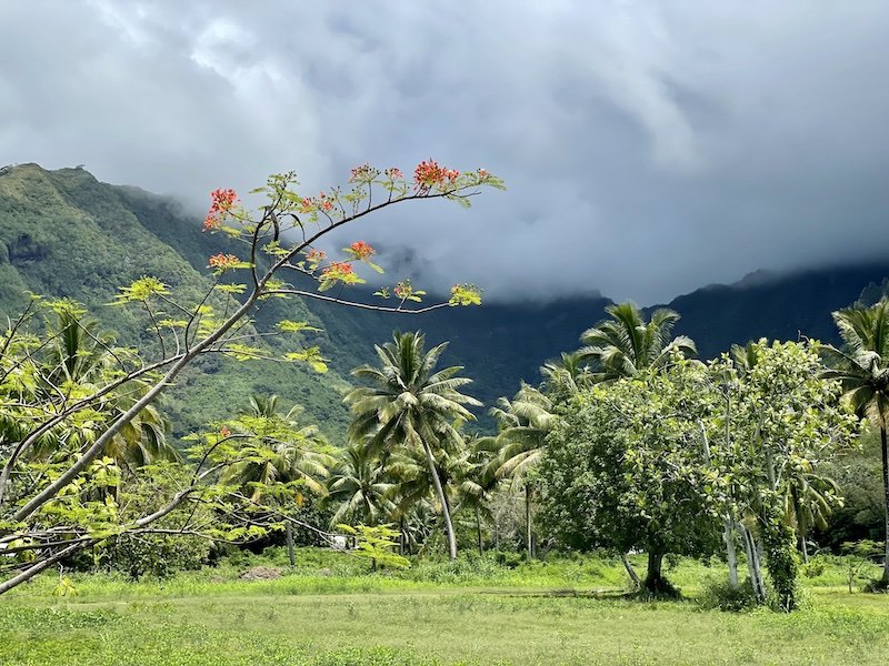 The beautiful verdant green landscapes of Moorea with mountains and clouds