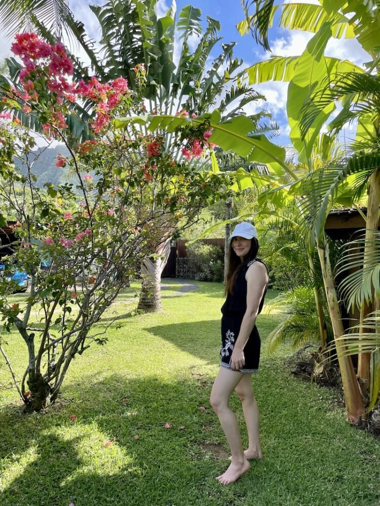 Allison in the gardens at the hotel in Moorea