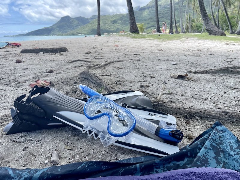 My snorkel, mask, and fin set on the beach with one of the best snorkeling areas in Moorea